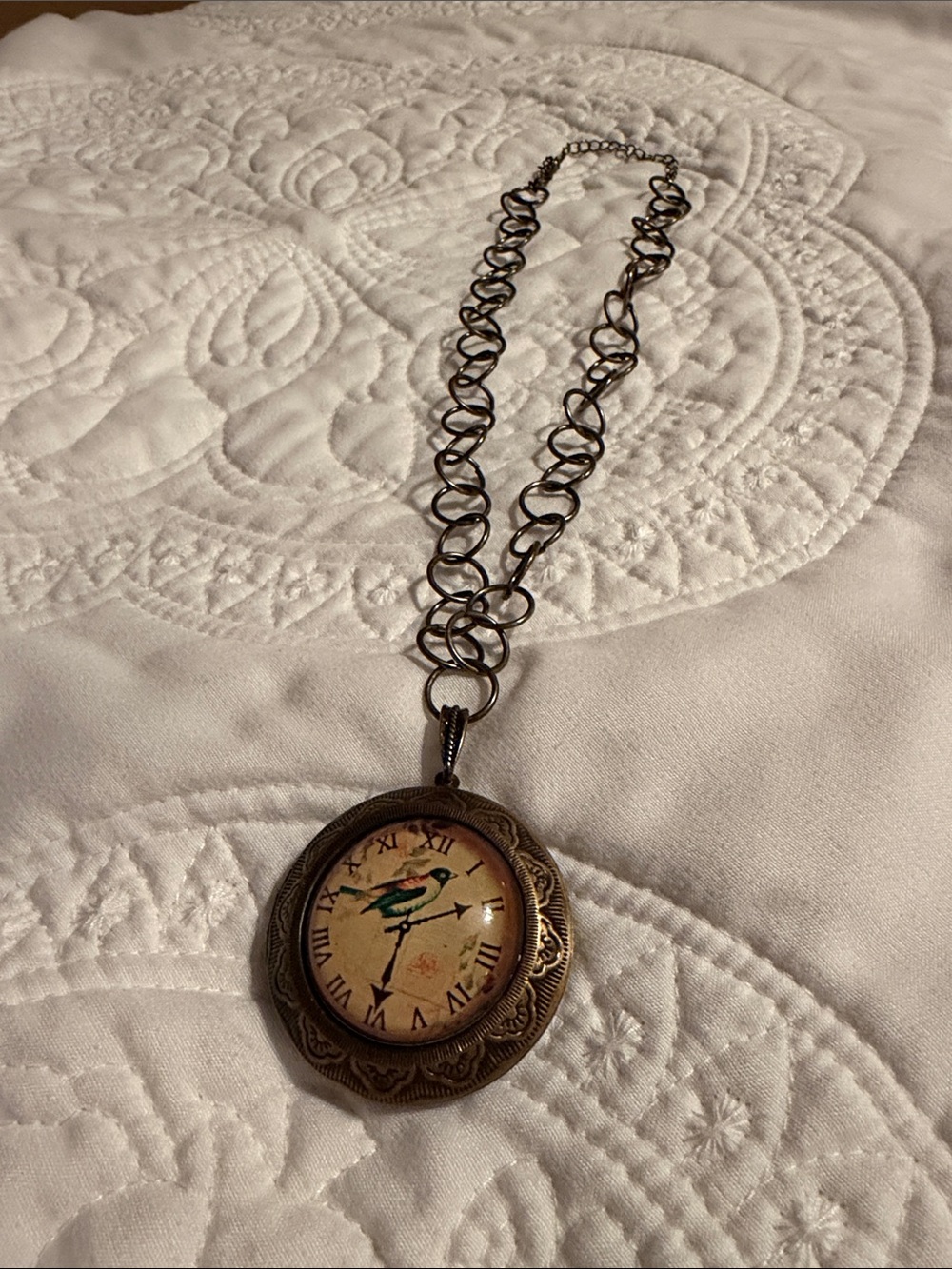 Hand Crafted Bronze Pendant Necklace with Green and Cream Dial